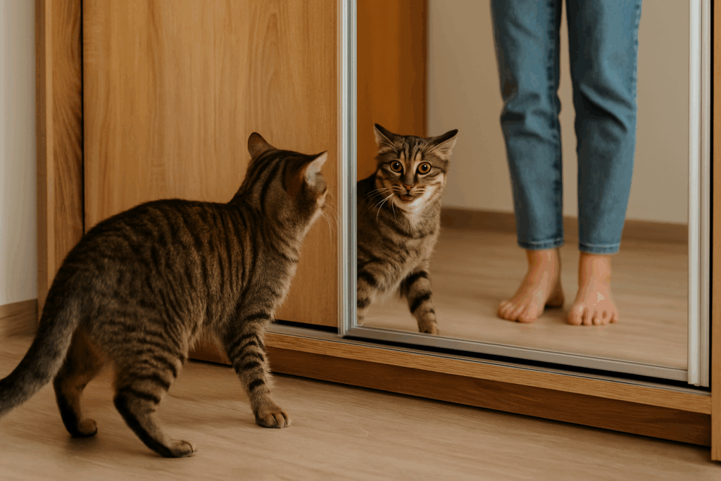 Getigerte Katze steht vor einem Kleiderschrankspiegel und betrachtet ihr eigenes Spiegelbild, daneben sind Frauenfüße in Jeans zu sehen.