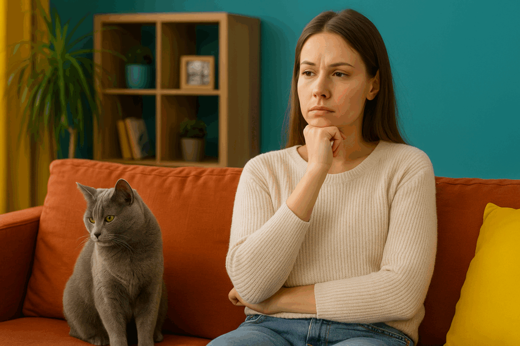 Junge Frau sitzt nachdenklich mit ihrer Katze auf dem Sofa – Symbolbild für ethische Entscheidung bei veganer Katzenernährung